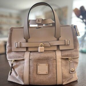 Henri Bendel Beige and Tan Satchel with Gold Hardware